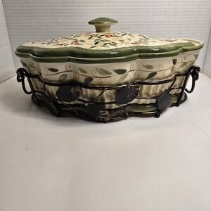 Temptations Floral Scalloped Casserole Dish with Lid & Wire Rack Or Home Decor